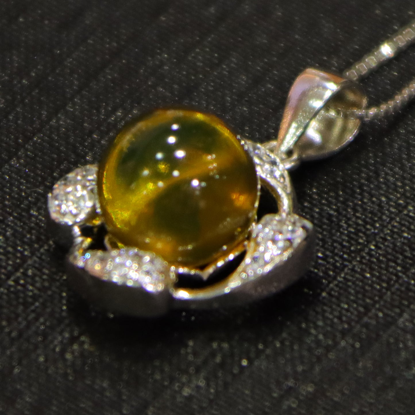 Sterling Silver Flower Pendant with Natural Mexican Blue Amber Gemstone – 9mm Round Bead