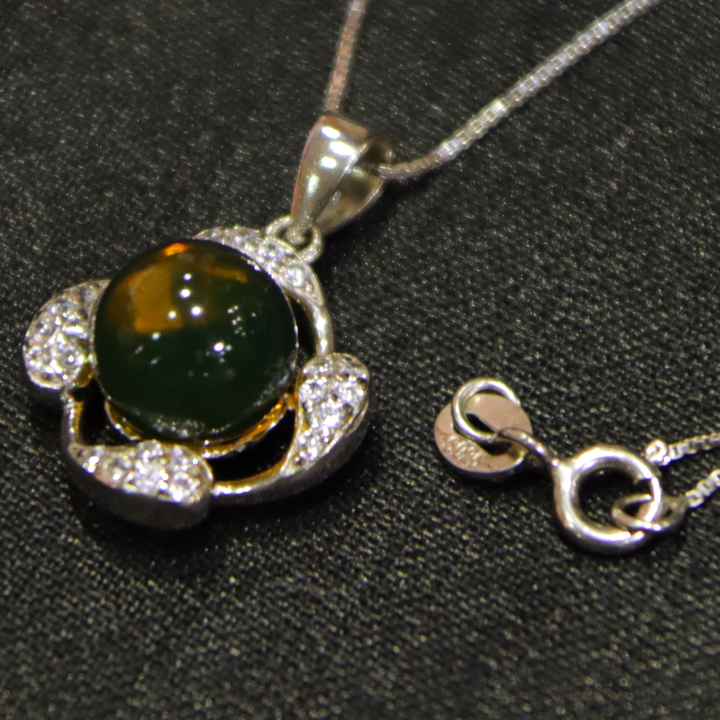 Sterling Silver Flower Pendant with Natural Mexican Blue Amber Gemstone – 9mm Round Bead
