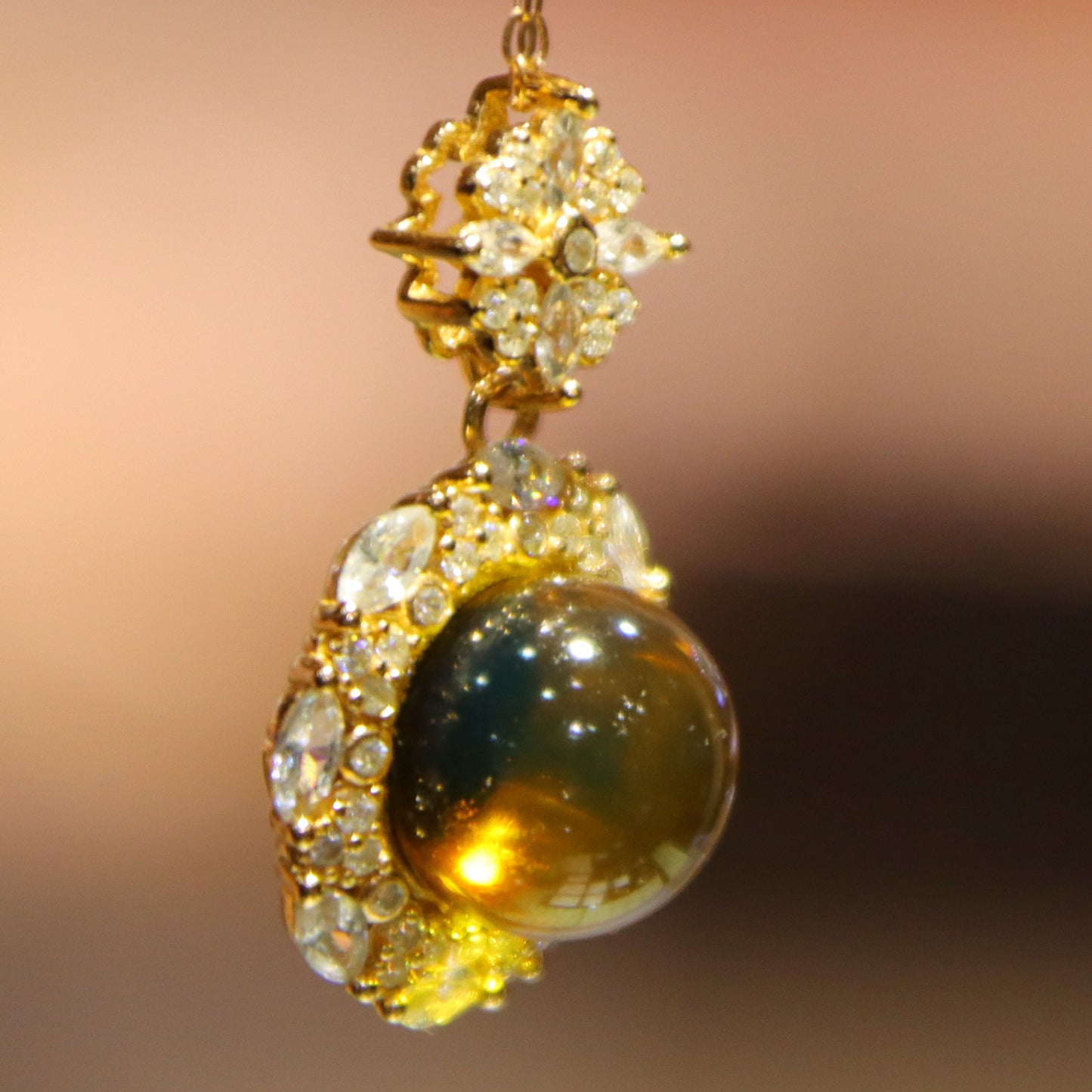 925 Sterling Silver with Zircon & Natural Mexico Blue Amber Round Pendant - 9mm Bead