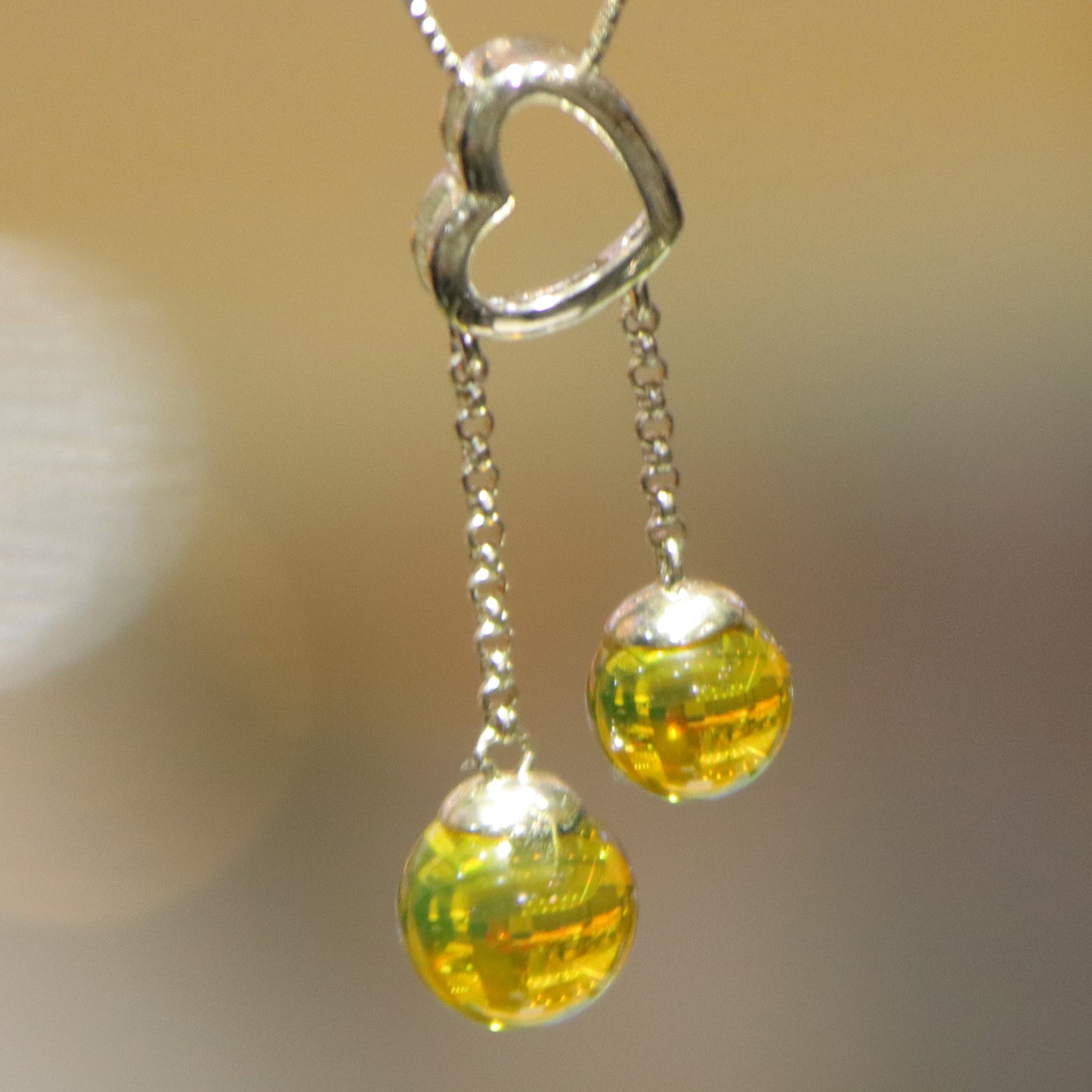 925 Sterling Silver Natural Mexico Blue Amber Heart Pendant with 7mm & 9mm Beads