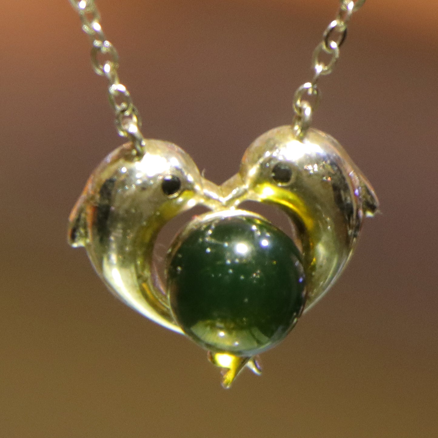925 Sterling Silver Dolphin Heart Pendant with Natural Mexico Blue Amber Gemstone