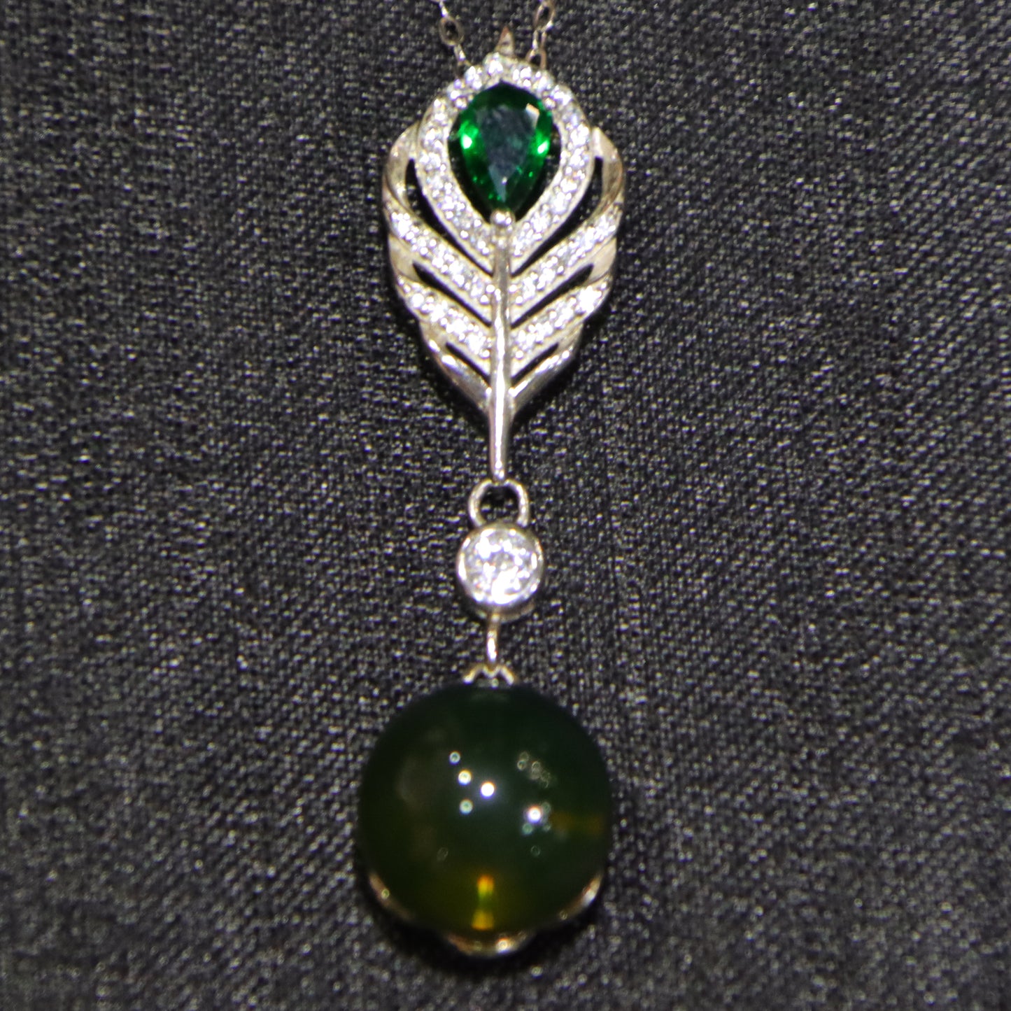 925 Sterling Silver Pendant with Natural Mexico Blue Amber Gemstone and Zircon Green Gemstone Feather Clasp