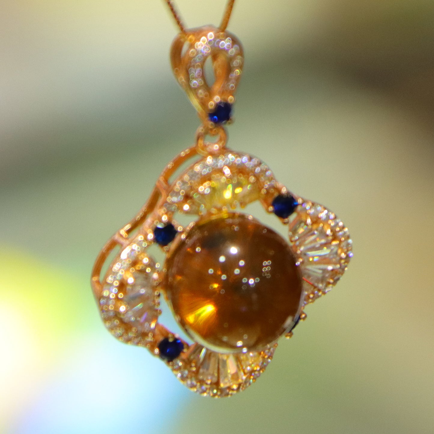 925 Sterling Silver Natural Mexico Blue Amber Pendant with Zirconia Square Halo, Minimalist Elegant Jewelry