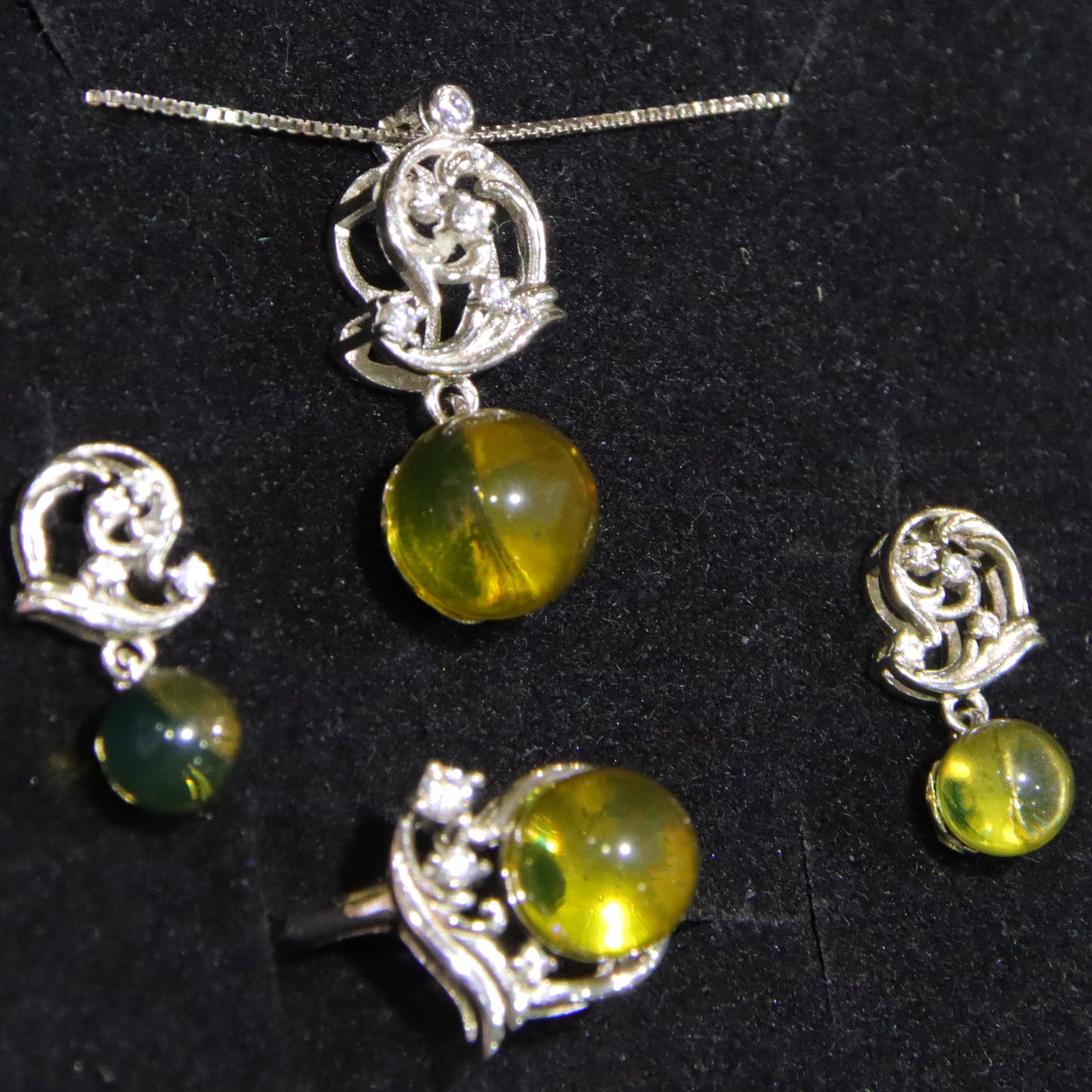 925 Sterling Silver Natural Mexican Blue Amber Heart Shape Necklace Set of Three