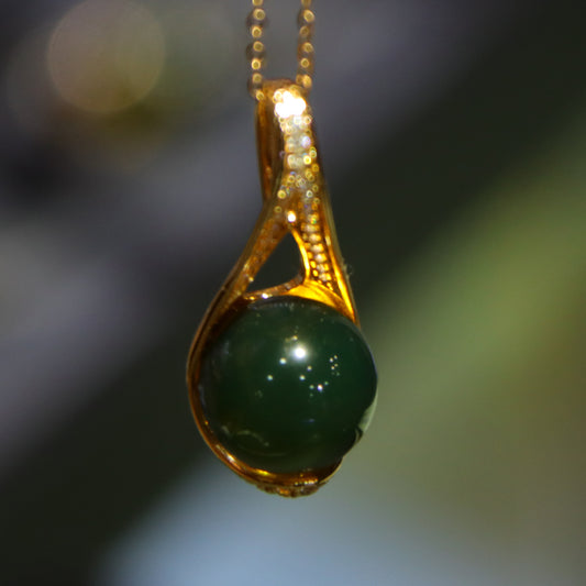 Sterling silver zircon inlaid natural amber Mexican blue amber pendant necklace 11mm round beads