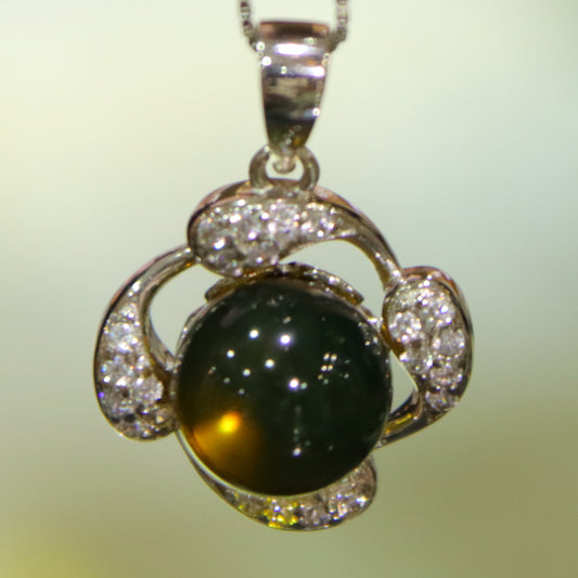 Sterling Silver Flower Pendant with Natural Mexican Blue Amber Gemstone – 9mm Round Bead