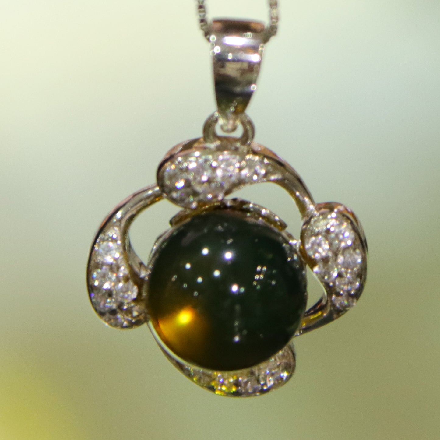 Sterling Silver Flower Pendant with Natural Mexican Blue Amber Gemstone – 9mm Round Bead