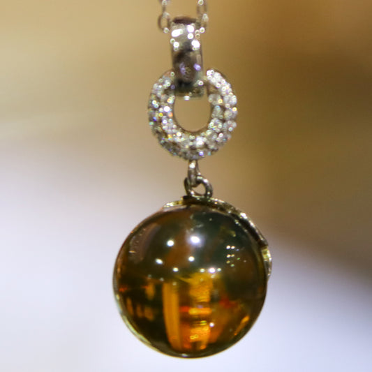 Handcrafted Natural Mexico Blue Amber 13mm Round Bead Pendant with Geometric Sterling Silver Clasp