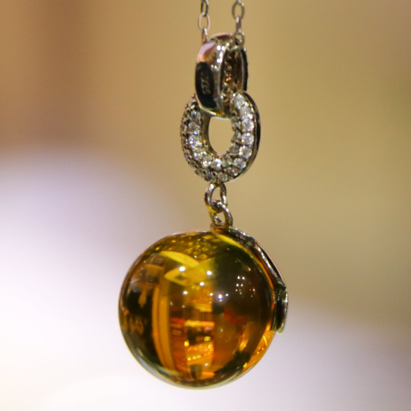 Handcrafted Natural Mexico Blue Amber 13mm Round Bead Pendant with Geometric Sterling Silver Clasp