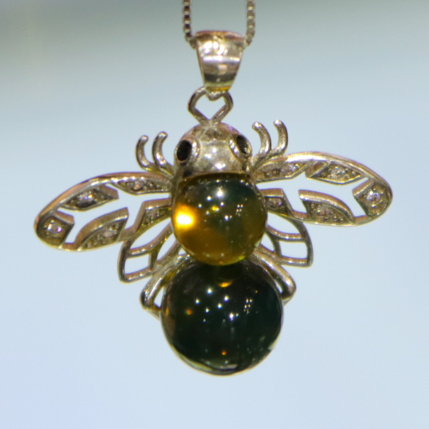 925 Sterling Silver with Natural Mexico Blue Amber Bee Pendant with 8mm and 9mm Beads - Natural Jewelry