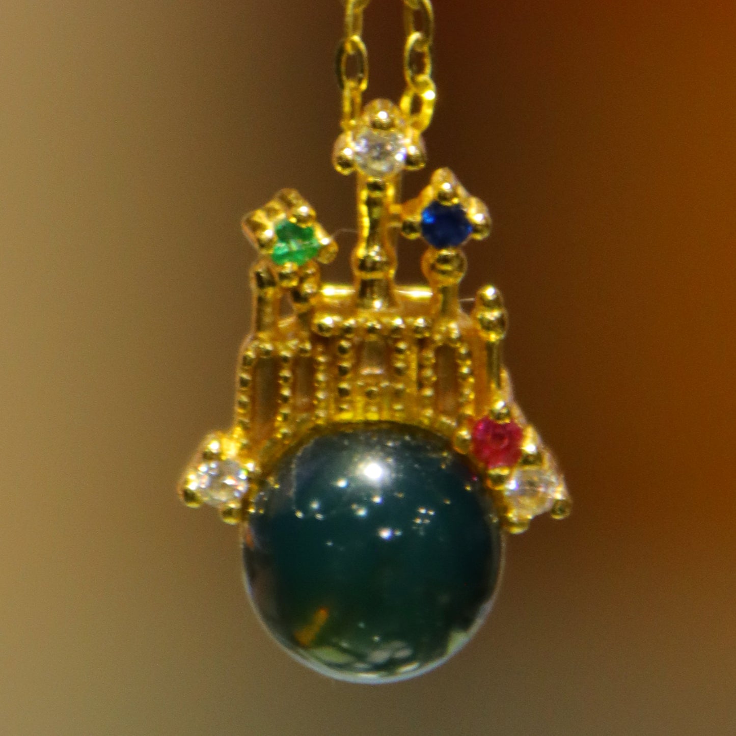Natural Mexico Blue Amber Pendant with Colorful Cubic Zirconia | 7mm Round Bead | Handcrafted Jewelry