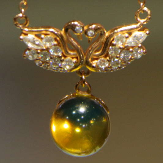 Natural Mexico Blue Amber Swan Necklace with 10mm Round Bead Handcrafted Jewelry