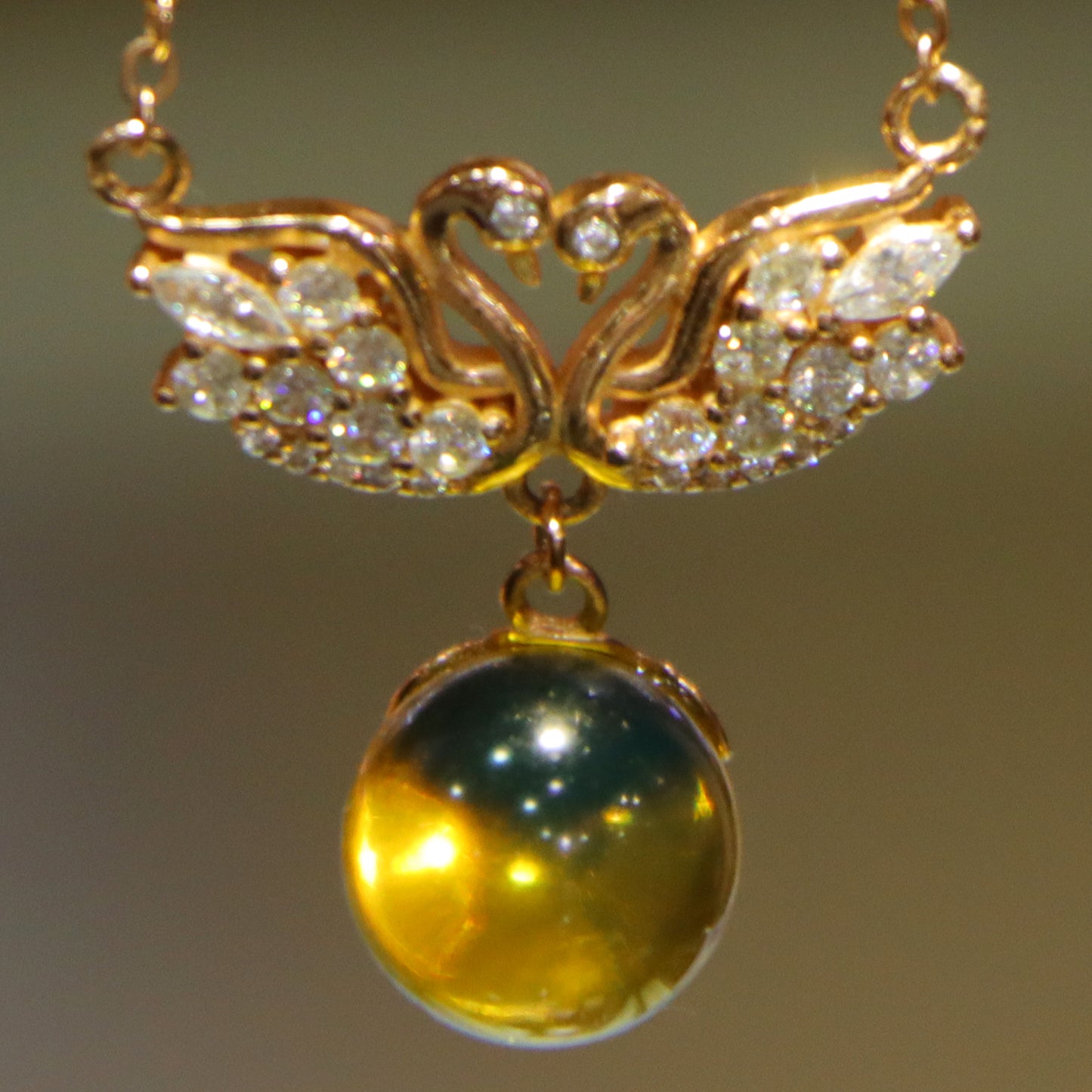 Natural Mexico Blue Amber Swan Necklace with 10mm Round Bead Handcrafted Jewelry