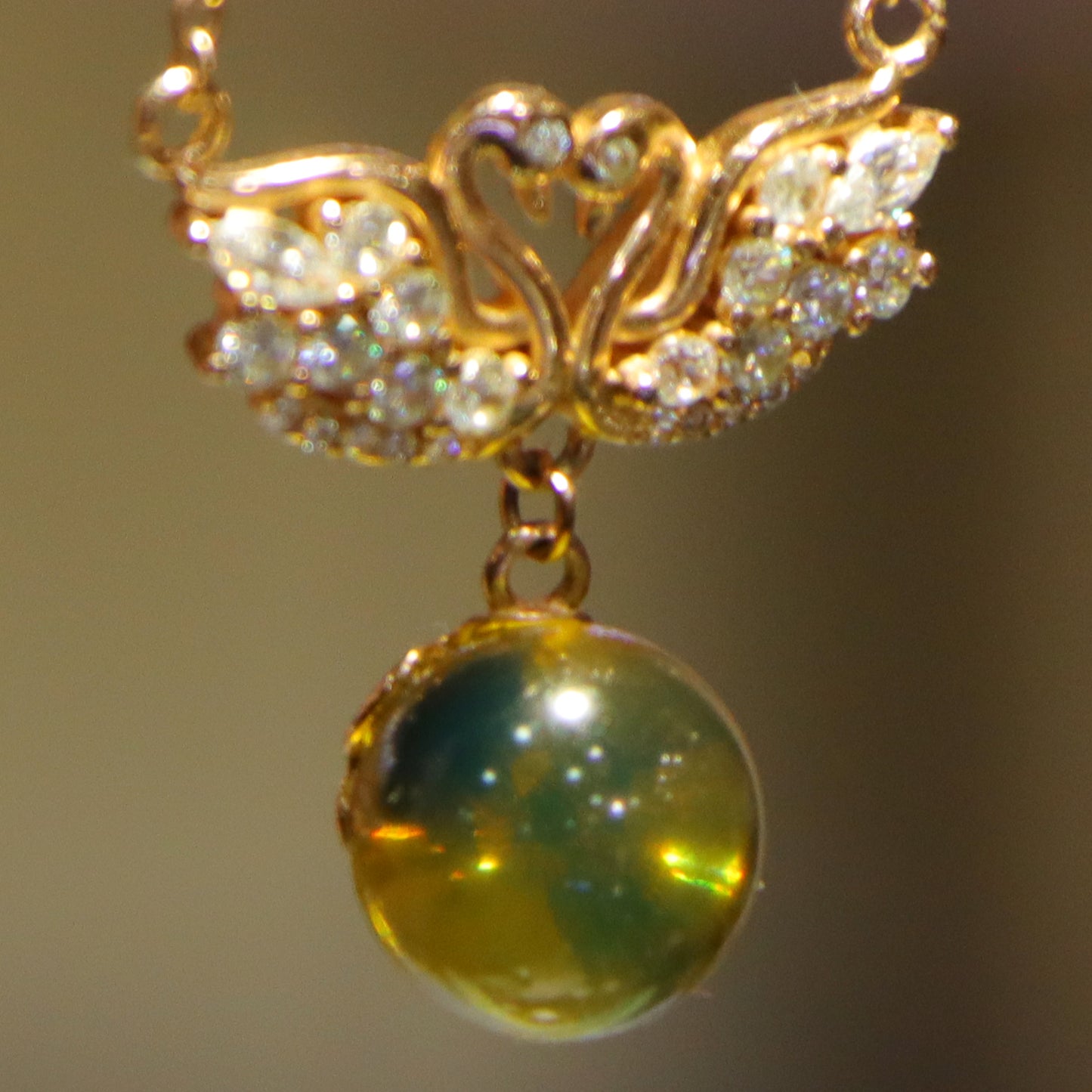 Natural Mexico Blue Amber Swan Necklace with 10mm Round Bead Handcrafted Jewelry
