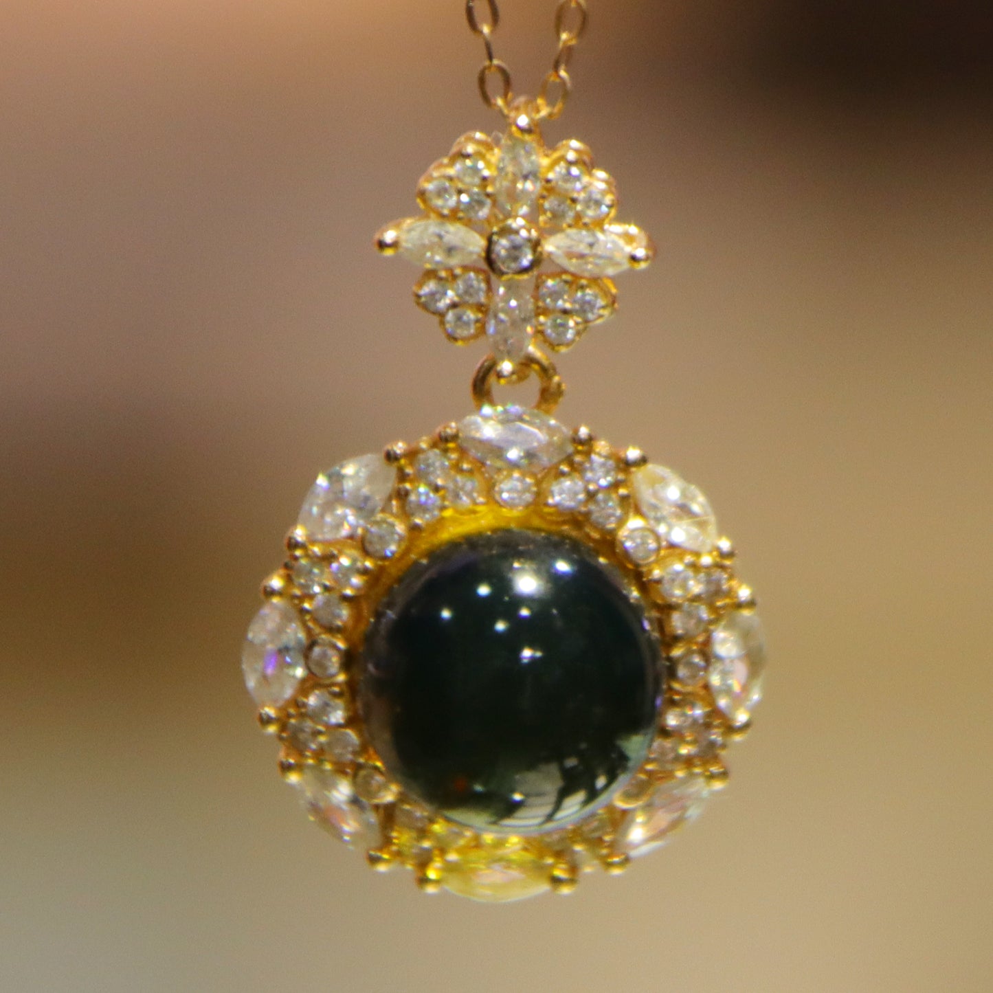 925 Sterling Silver with Zircon & Natural Mexico Blue Amber Round Pendant - 9mm Bead