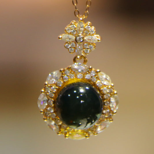 925 Sterling Silver with Zircon & Natural Mexico Blue Amber Round Pendant - 9mm Bead