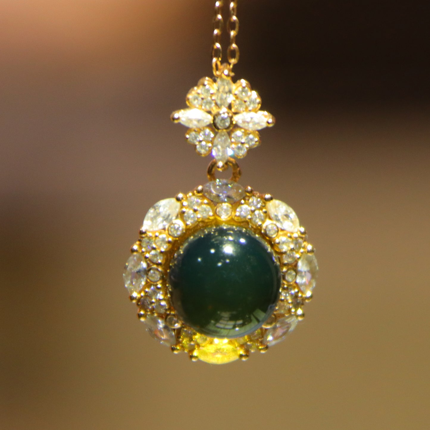 925 Sterling Silver with Zircon & Natural Mexico Blue Amber Round Pendant - 9mm Bead
