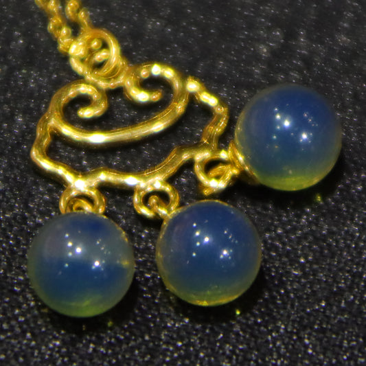925 Sterling Silver Natural Mexico Blue Amber Cloud Openwork  Ruyi Pendant Necklace