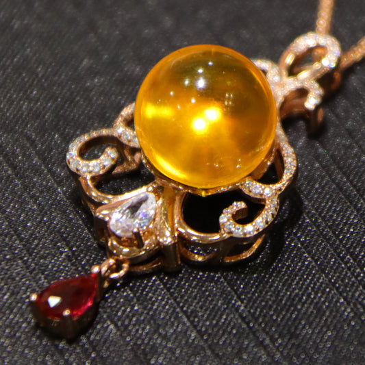 925 Sterling Silver Pendant with Natural Mexico Blue Amber Flower Design, 14mm Round Bead
