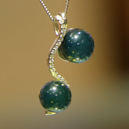 925 Sterling Silver Mexico Blue Amber Double Round Bead Pendant Necklace 8mm & 9mm