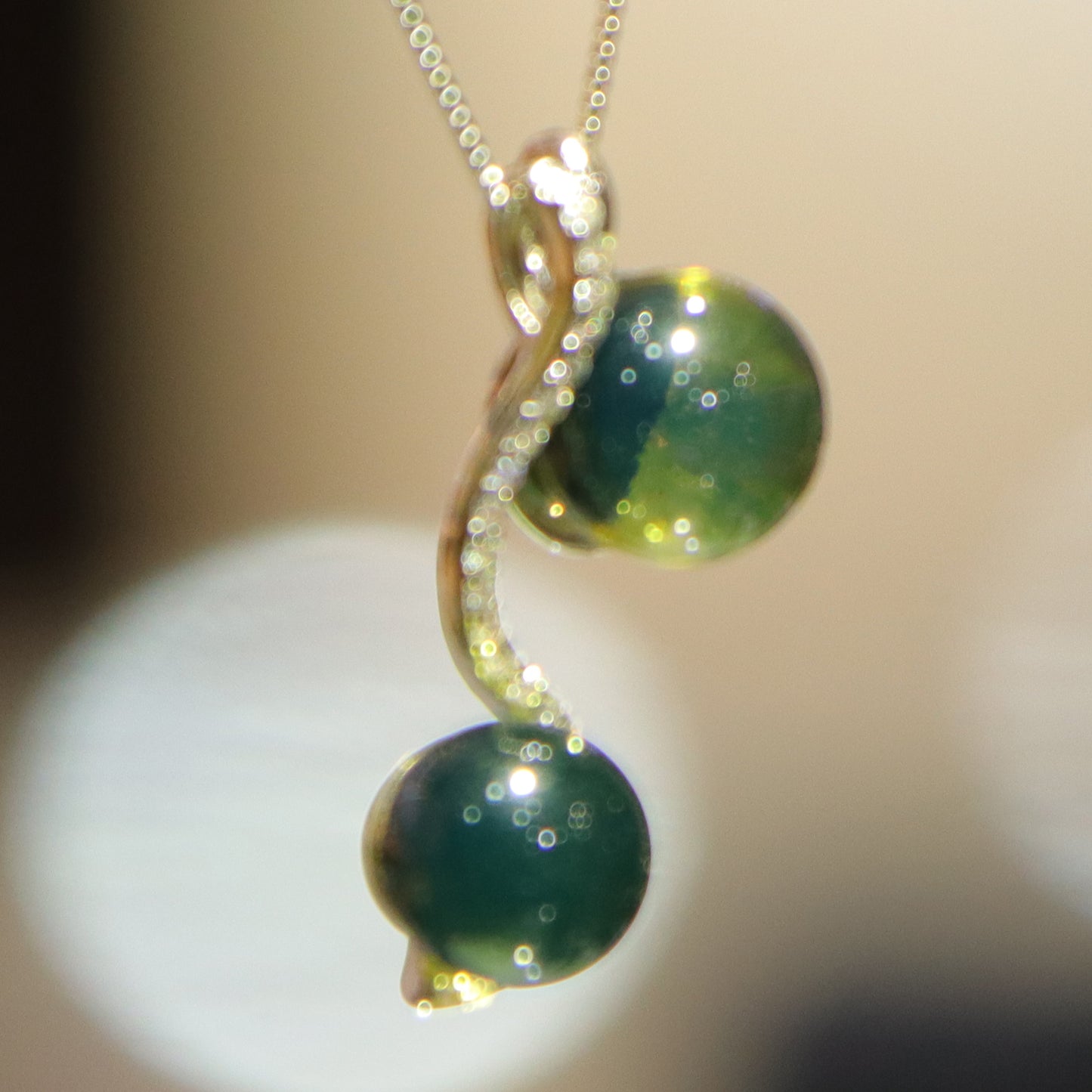 925 Sterling Silver Mexico Blue Amber Double Round Bead Pendant Necklace 8mm & 9mm