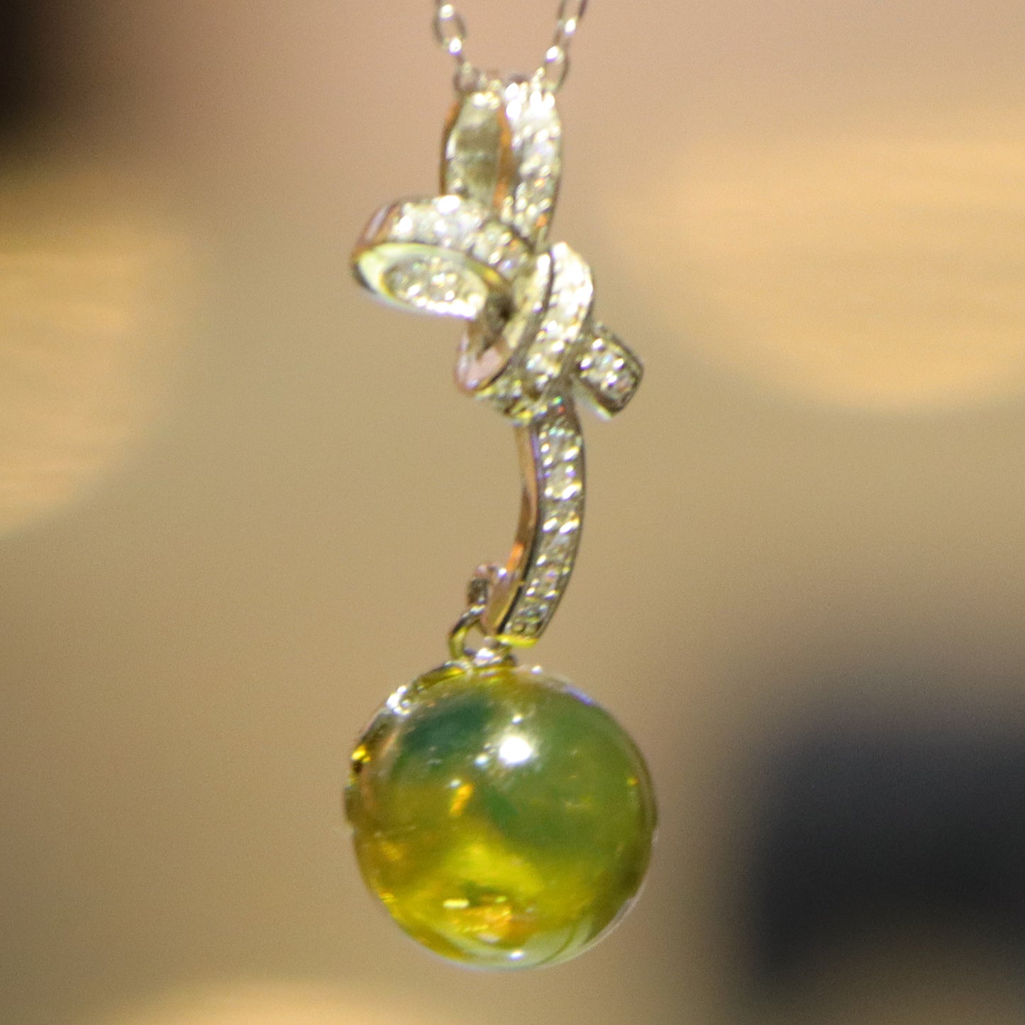 925 Sterling Silver Natural Mexico Blue Amber Bow Pendant with 10mm Bead