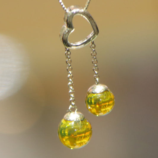 925 Sterling Silver Natural Mexico Blue Amber Heart Pendant with 7mm & 9mm Beads
