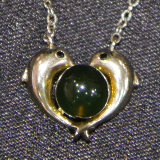 925 Sterling Silver Dolphin Heart Pendant with Natural Mexico Blue Amber Gemstone