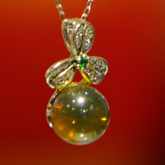Natural Mexico Blue Amber Pendant with 925 Sterling Silver Clover Clasp – 9mm Bead Handmade Jewelry