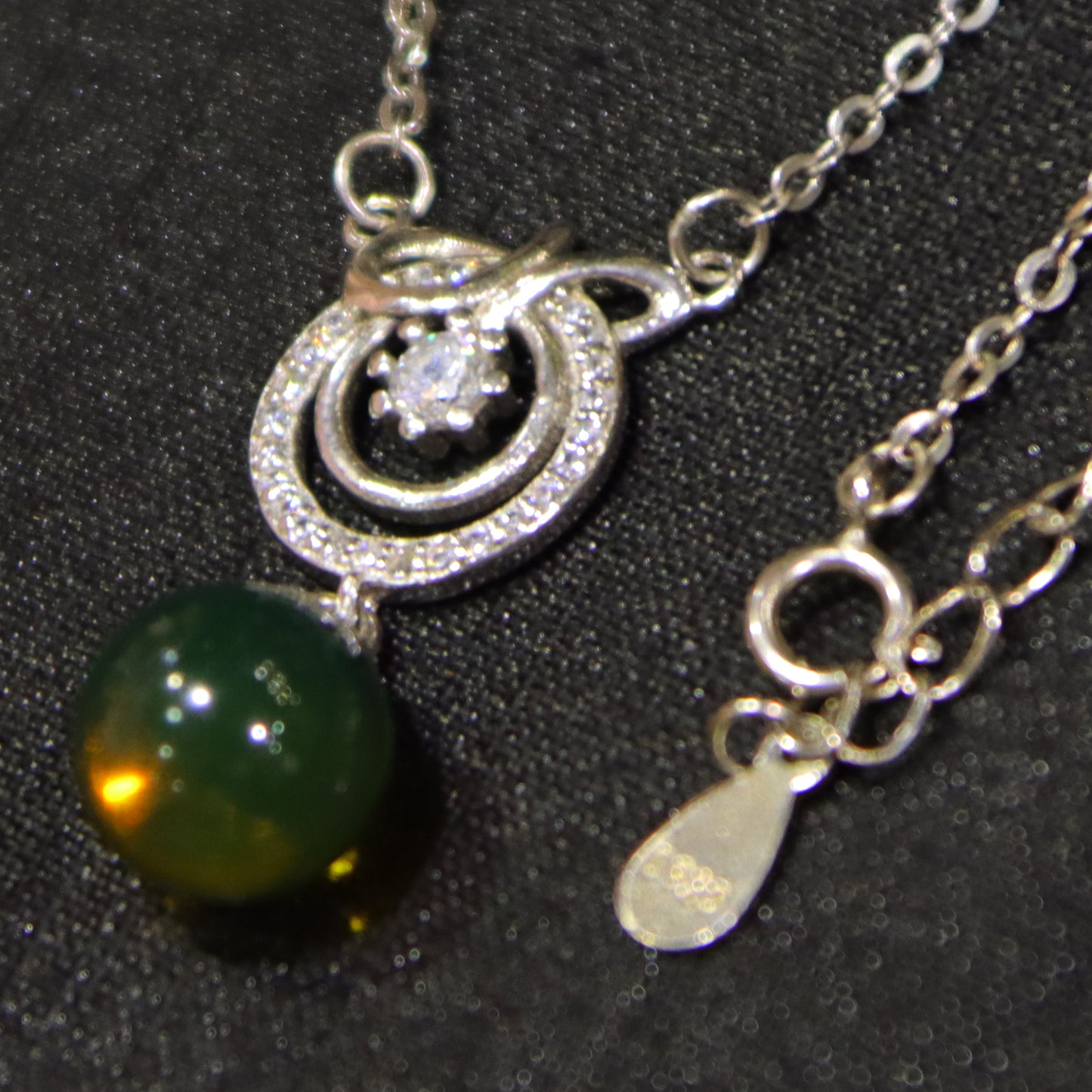 925 Sterling Silver Pendant with Natural Mexico Blue Amber Gemstone, Geometric Clasp