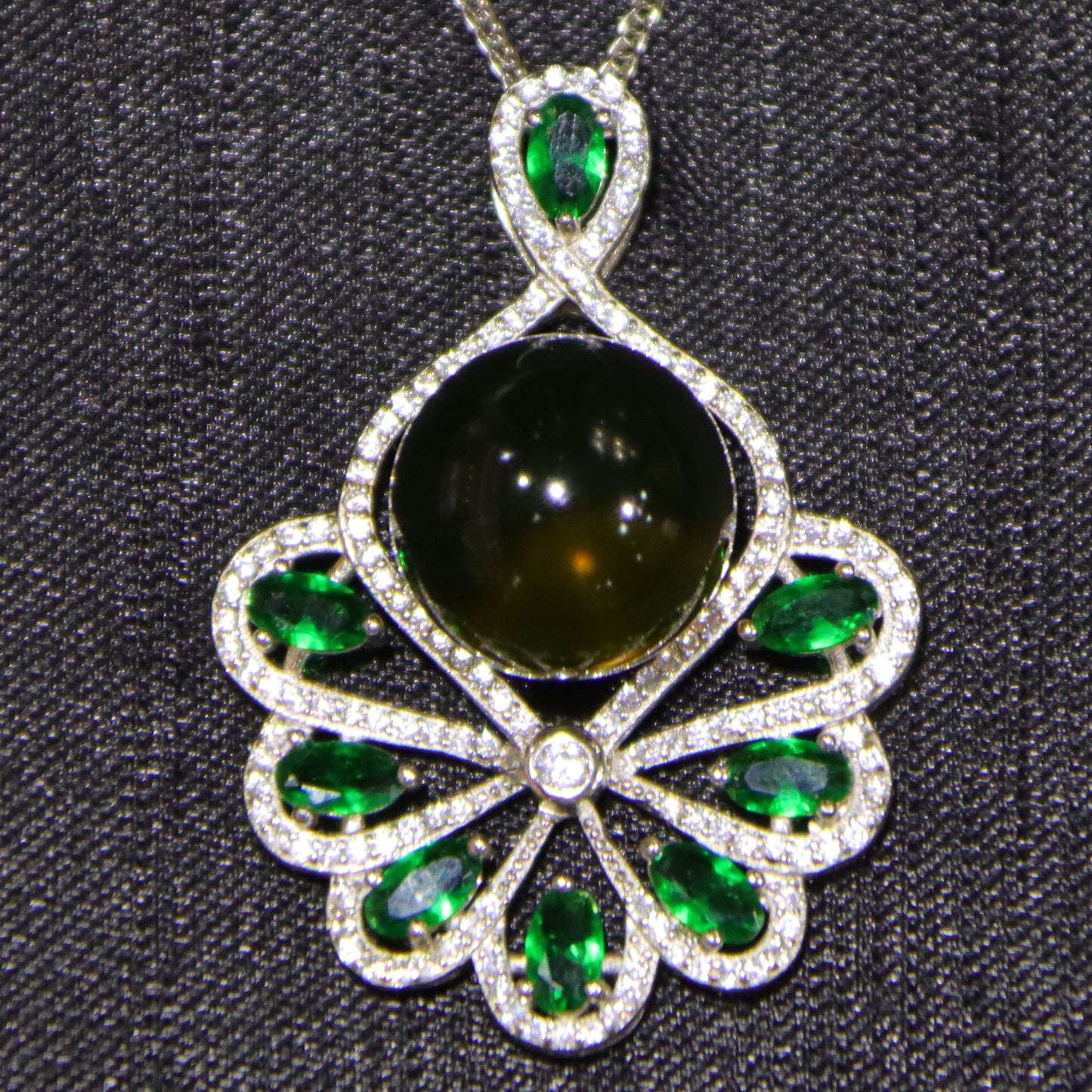 925 Sterling Silver Natural Mexico Blue Amber Pendant with Floral Green Gemstone Halo
