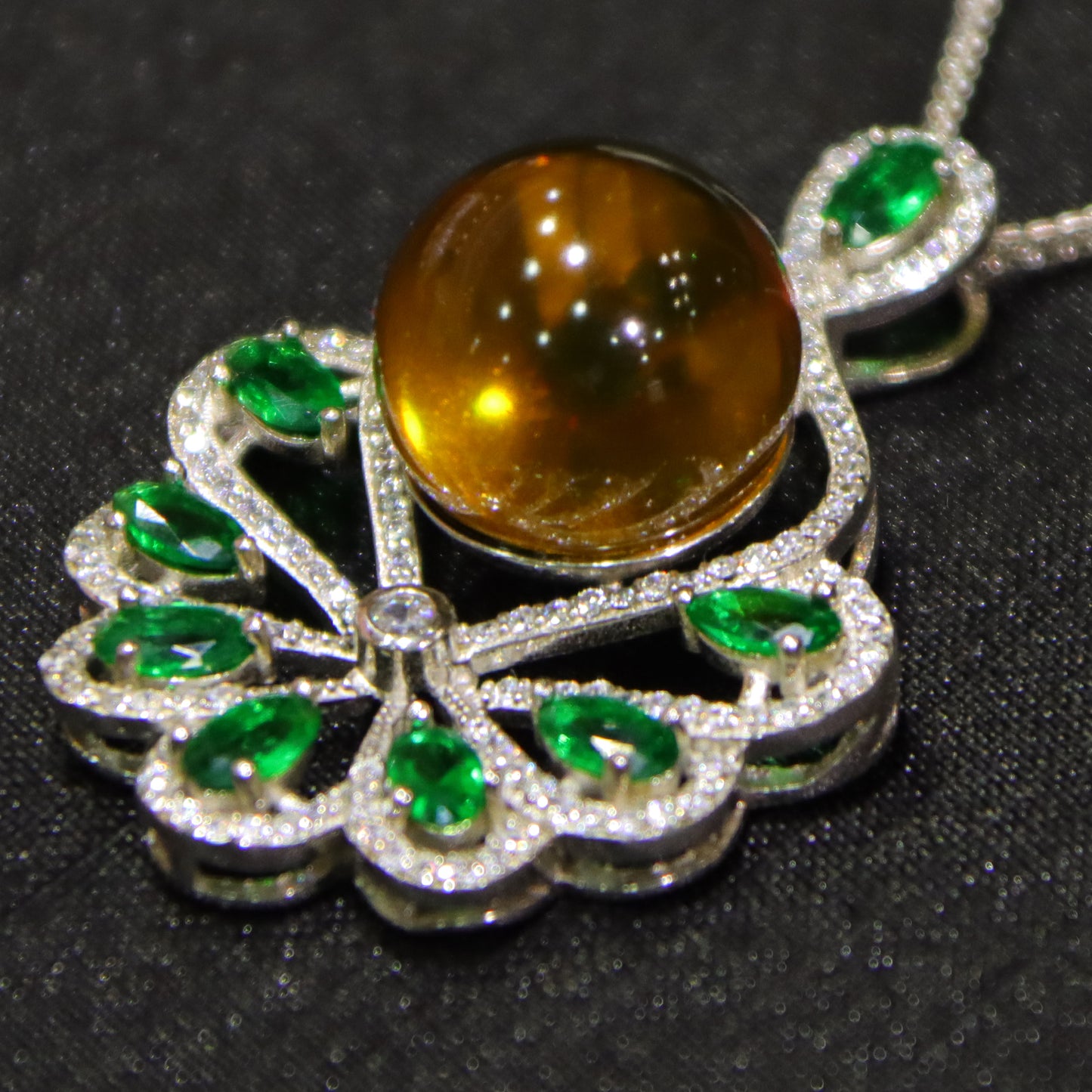 925 Sterling Silver Natural Mexico Blue Amber Pendant with Floral Green Gemstone Halo