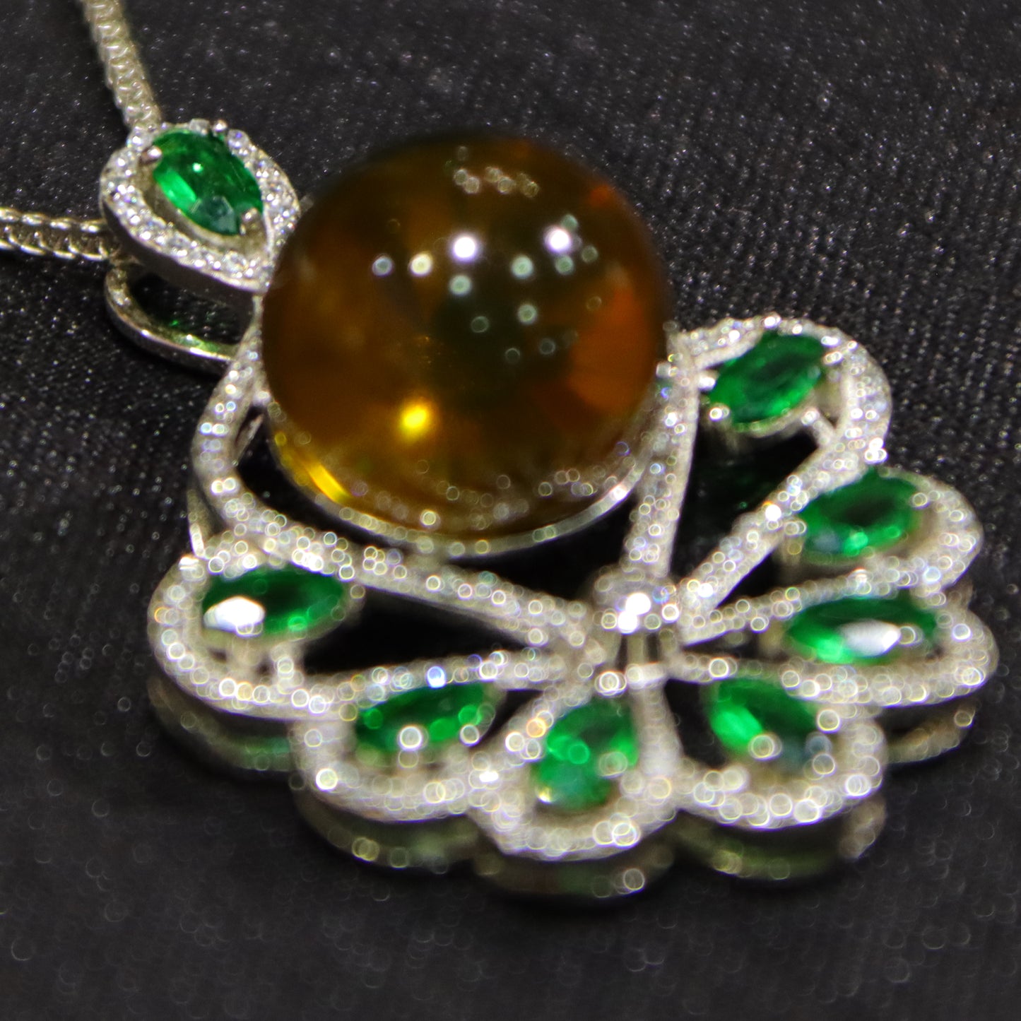 925 Sterling Silver Natural Mexico Blue Amber Pendant with Floral Green Gemstone Halo