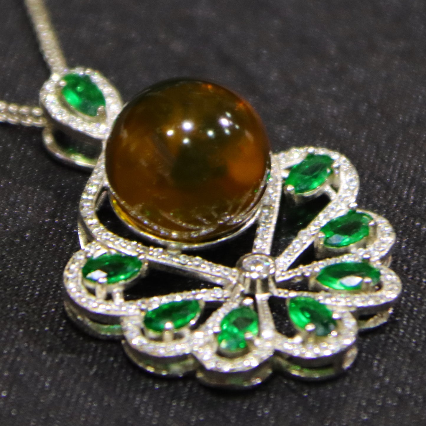 925 Sterling Silver Natural Mexico Blue Amber Pendant with Floral Green Gemstone Halo