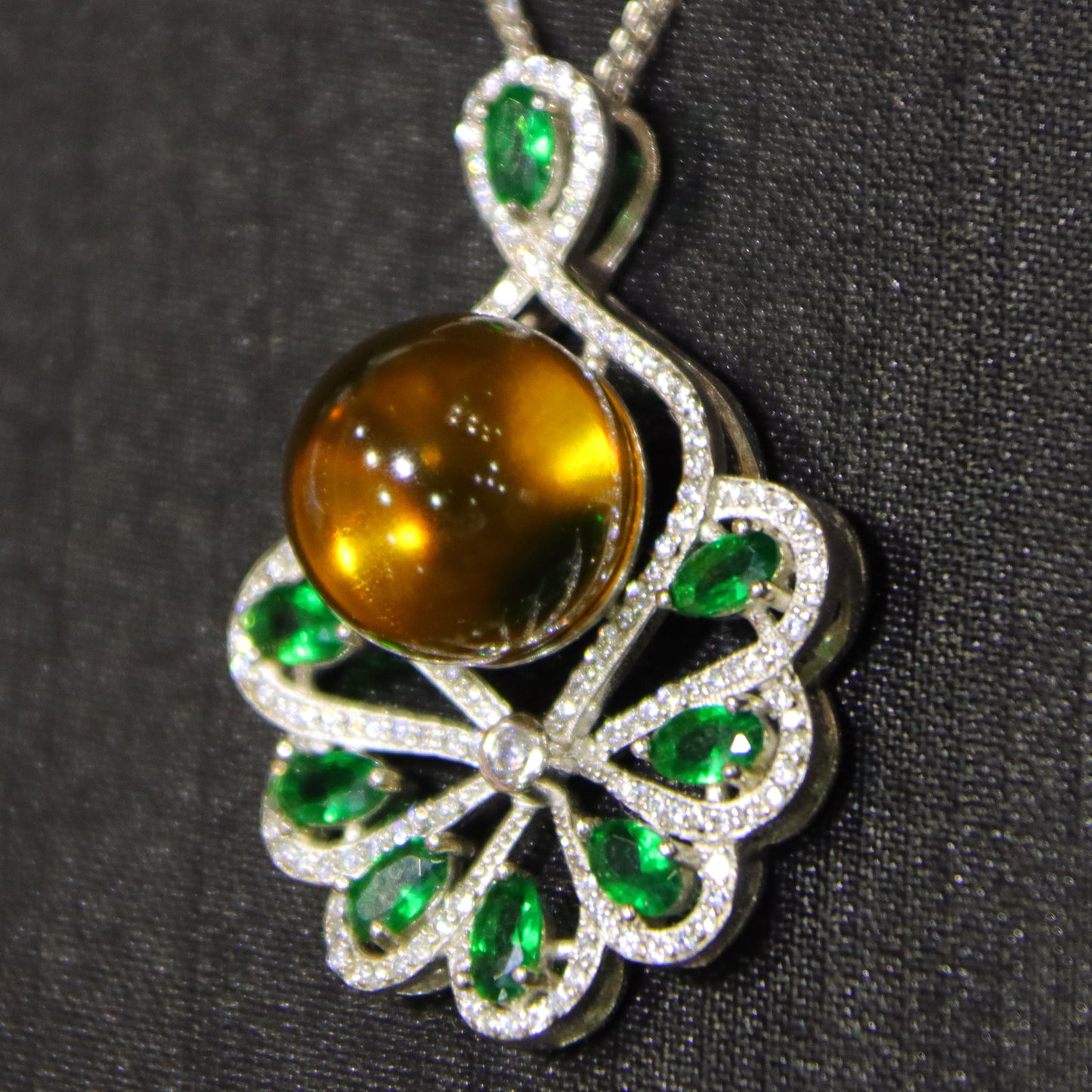 925 Sterling Silver Natural Mexico Blue Amber Pendant with Floral Green Gemstone Halo