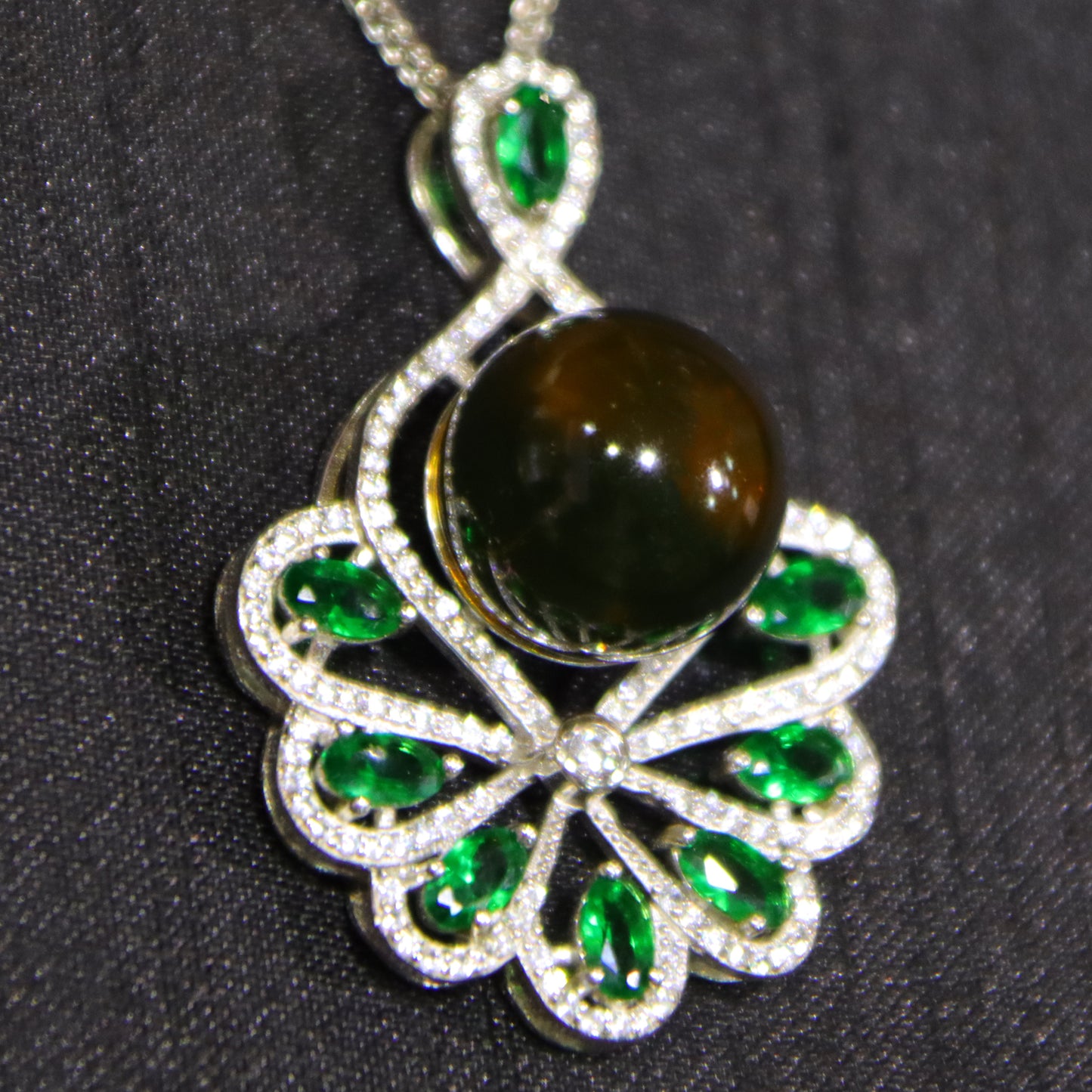 925 Sterling Silver Natural Mexico Blue Amber Pendant with Floral Green Gemstone Halo