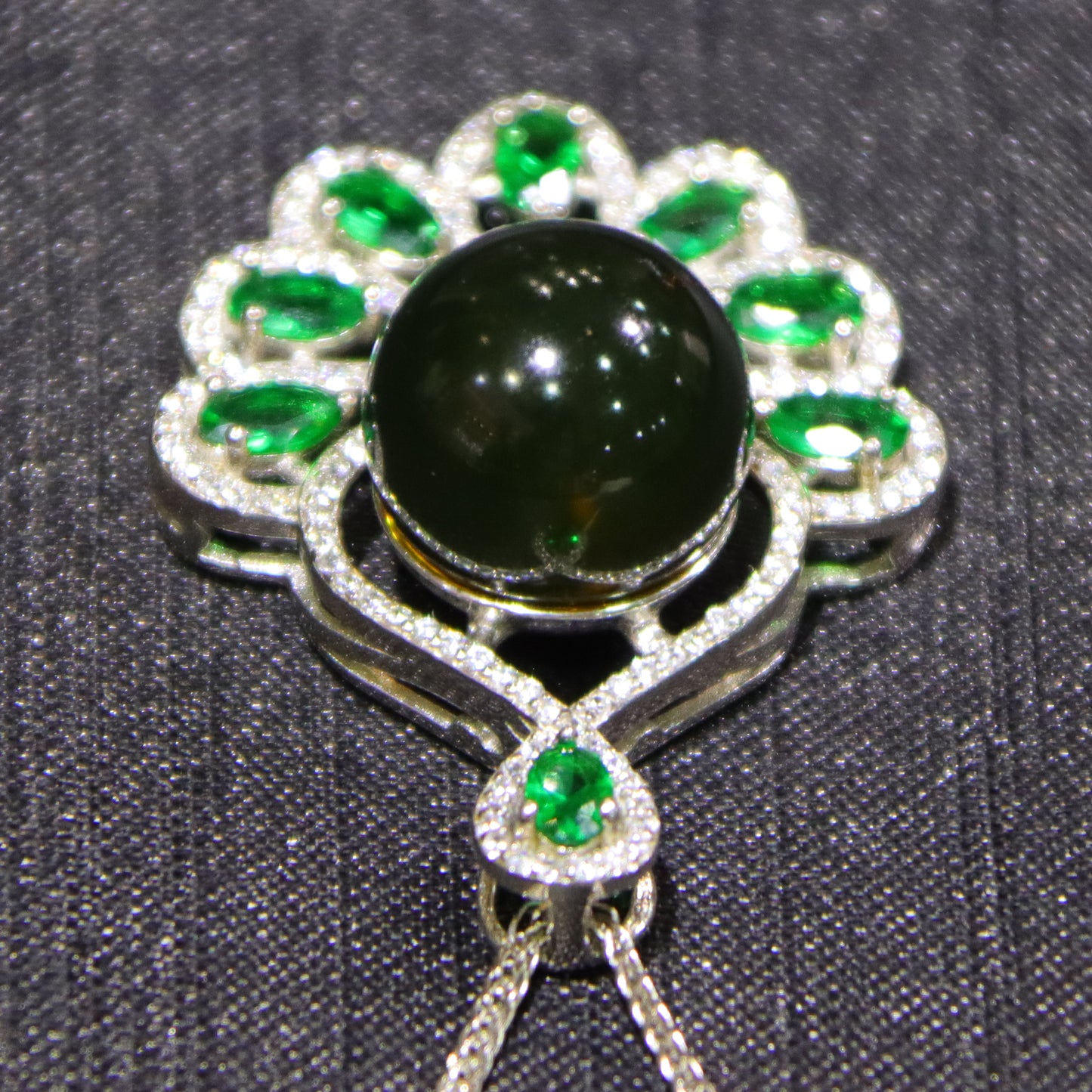 925 Sterling Silver Natural Mexico Blue Amber Pendant with Floral Green Gemstone Halo