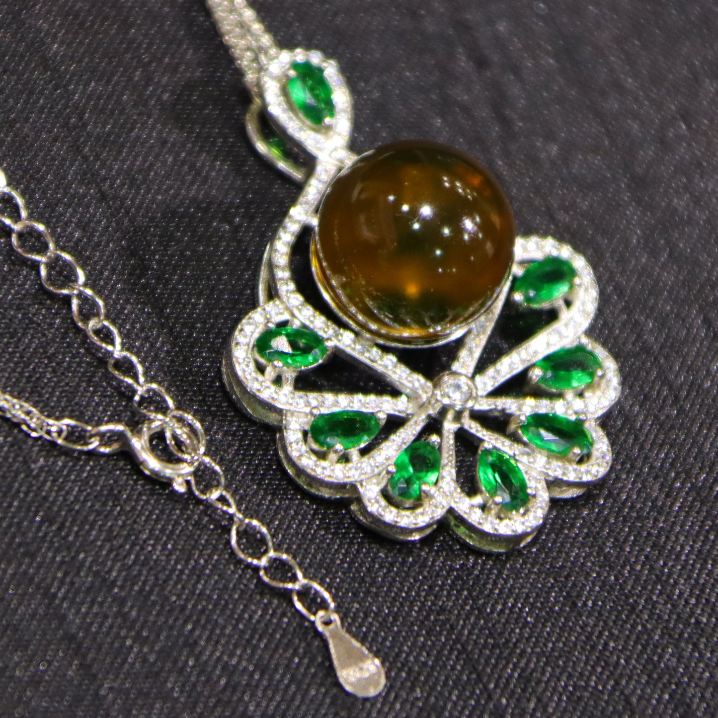 925 Sterling Silver Natural Mexico Blue Amber Pendant with Floral Green Gemstone Halo