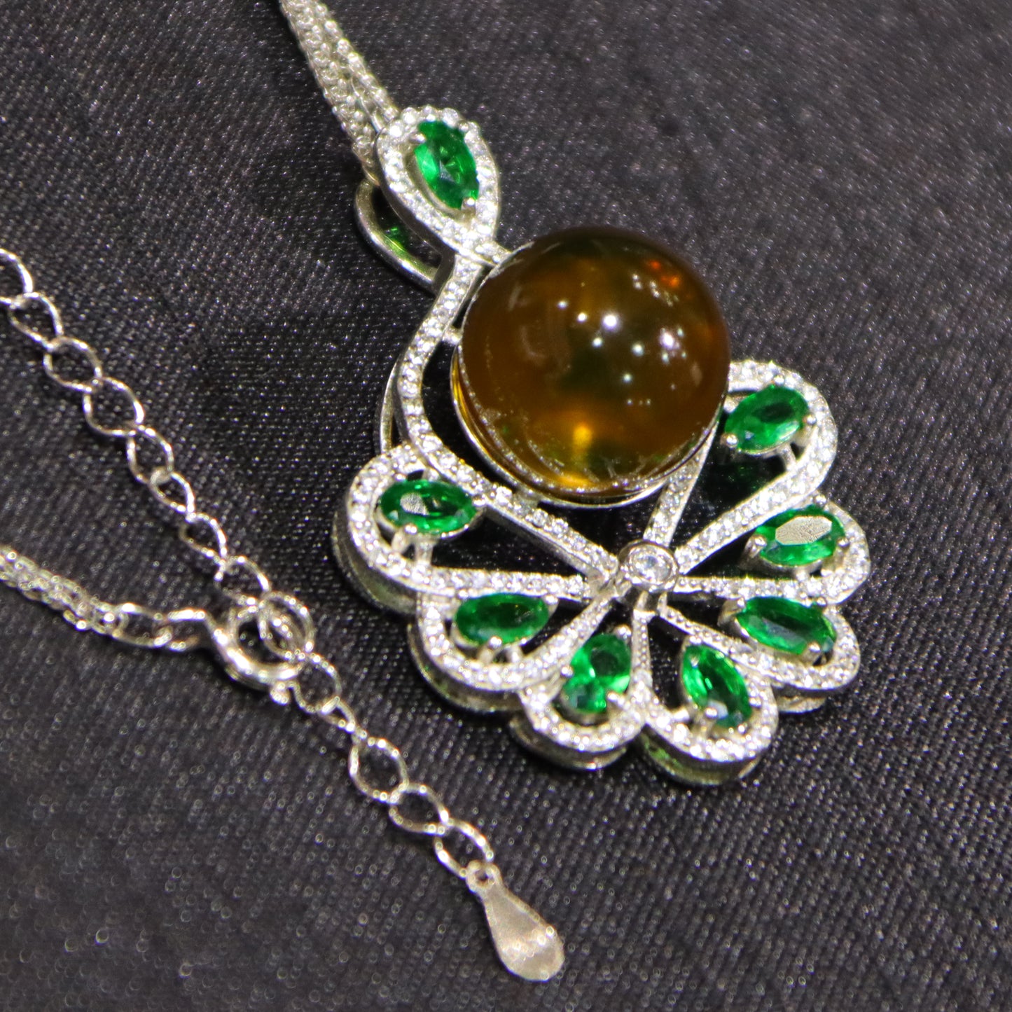 925 Sterling Silver Natural Mexico Blue Amber Pendant with Floral Green Gemstone Halo