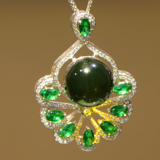 925 Sterling Silver Natural Mexico Blue Amber Pendant with Floral Green Gemstone Halo