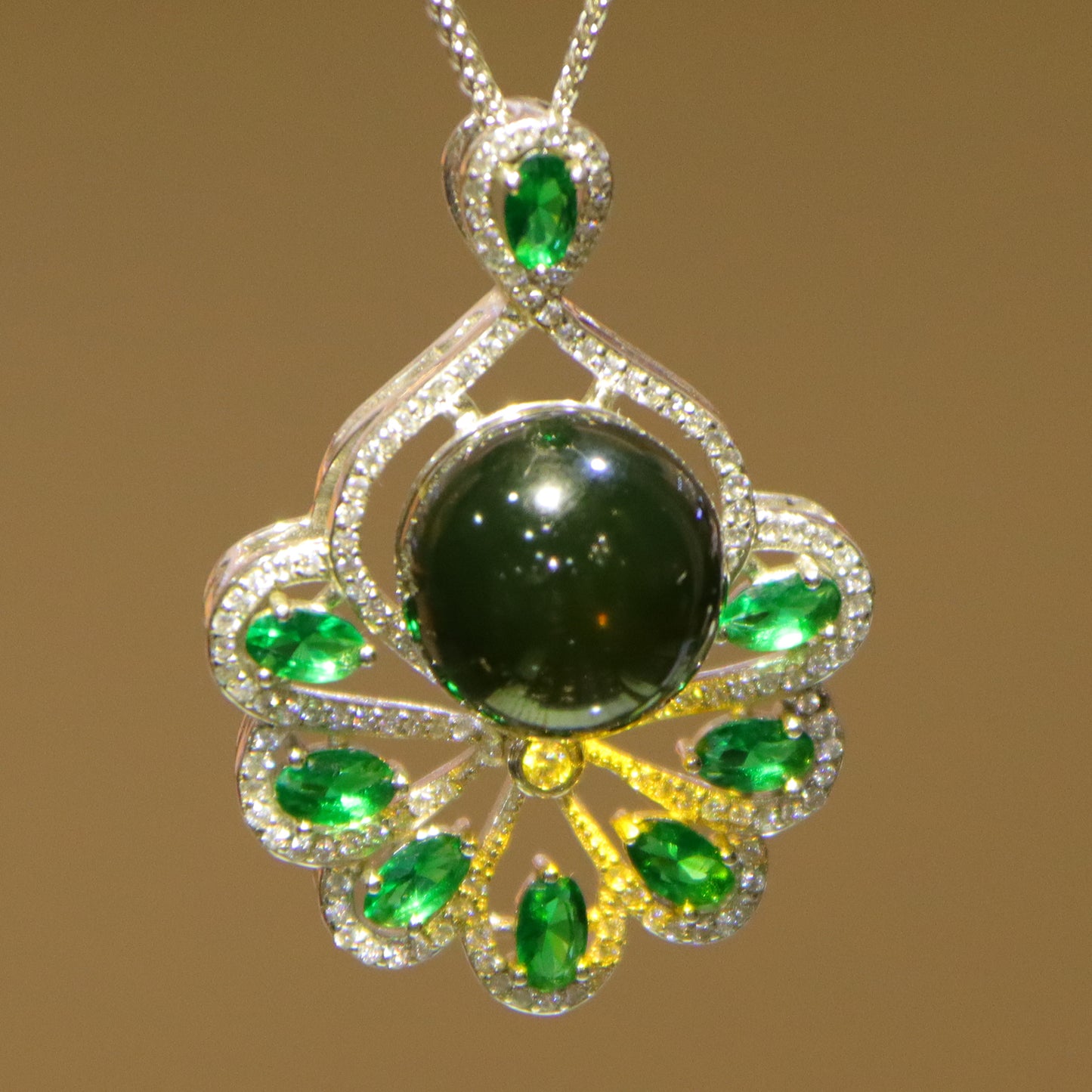 925 Sterling Silver Natural Mexico Blue Amber Pendant with Floral Green Gemstone Halo