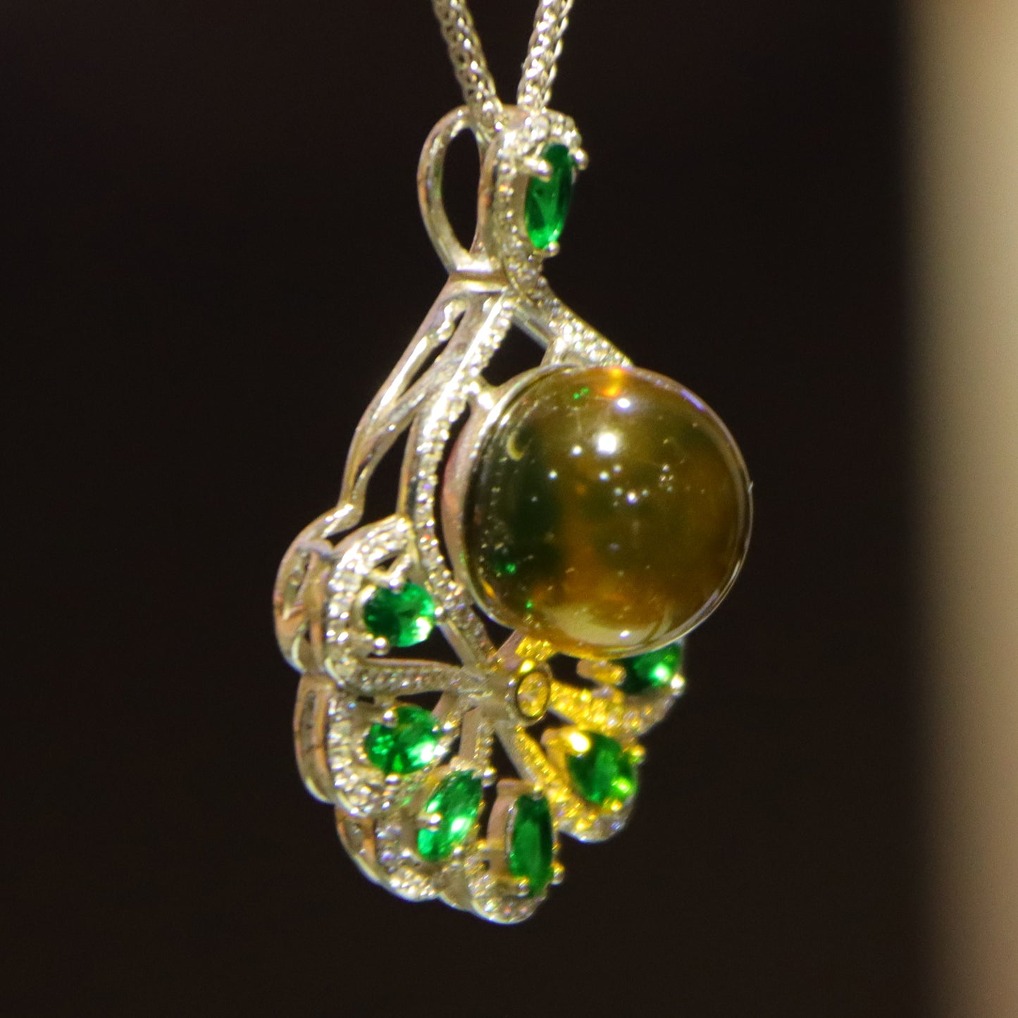 925 Sterling Silver Natural Mexico Blue Amber Pendant with Floral Green Gemstone Halo