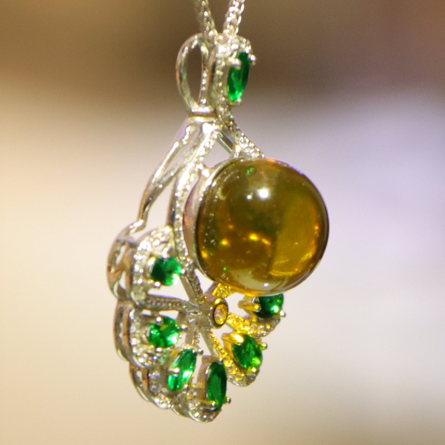 925 Sterling Silver Natural Mexico Blue Amber Pendant with Floral Green Gemstone Halo