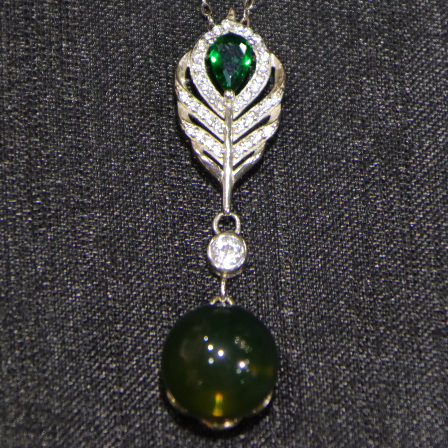 925 Sterling Silver Pendant with Natural Mexico Blue Amber Gemstone and Zircon Green Gemstone Feather Clasp