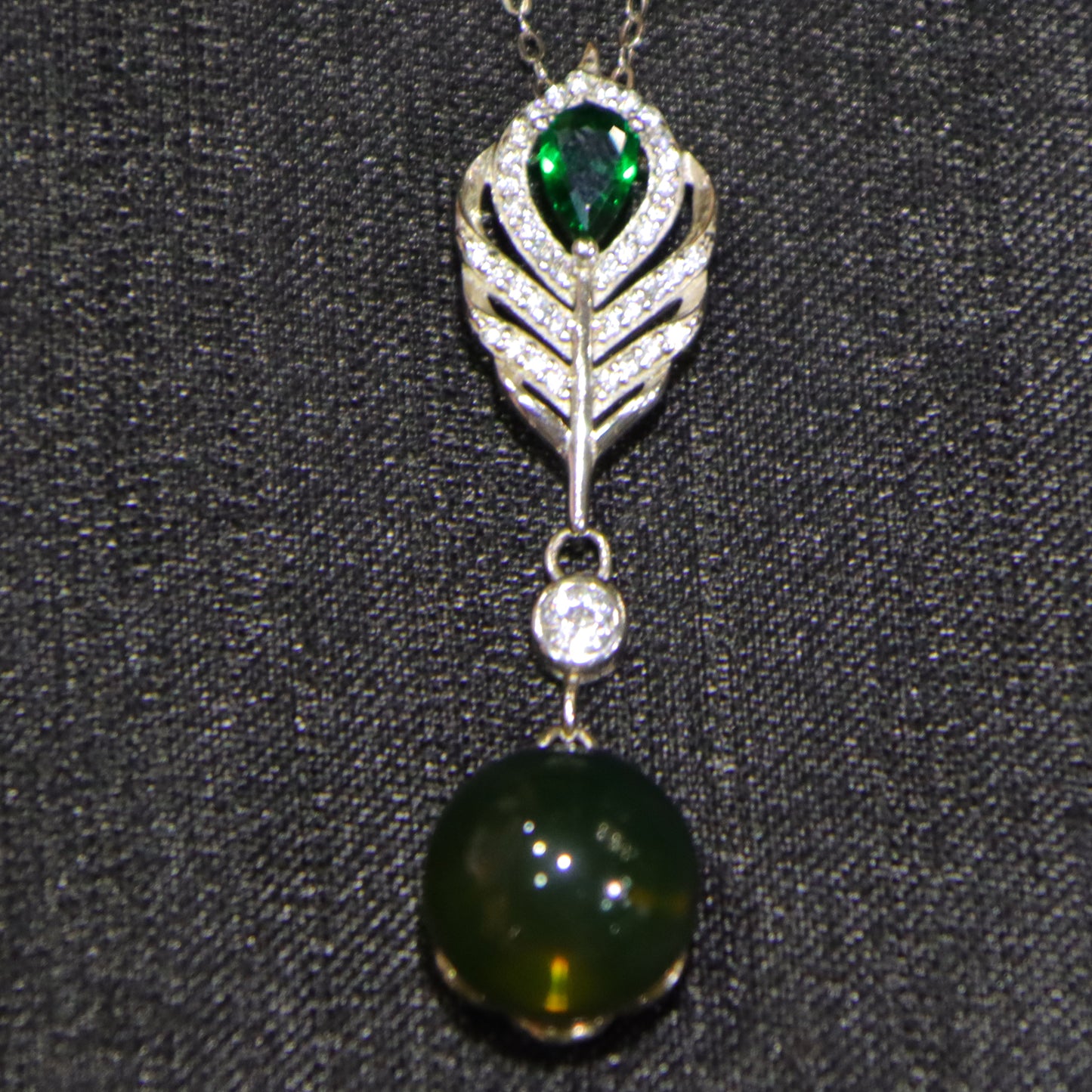 925 Sterling Silver Pendant with Natural Mexico Blue Amber Gemstone and Zircon Green Gemstone Feather Clasp