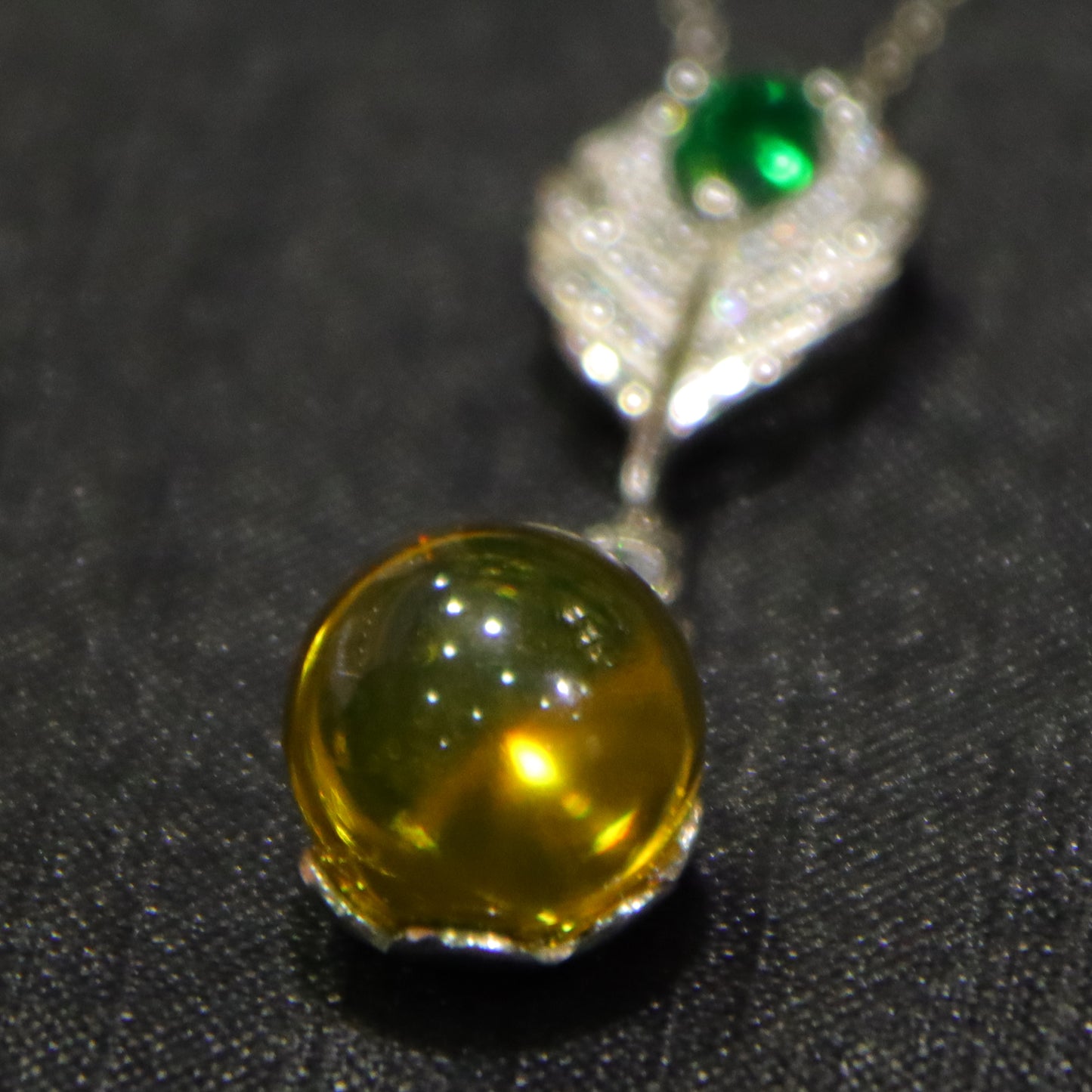 925 Sterling Silver Pendant with Natural Mexico Blue Amber Gemstone and Zircon Green Gemstone Feather Clasp