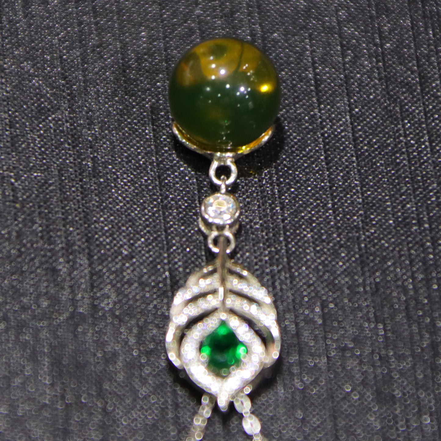 925 Sterling Silver Pendant with Natural Mexico Blue Amber Gemstone and Zircon Green Gemstone Feather Clasp