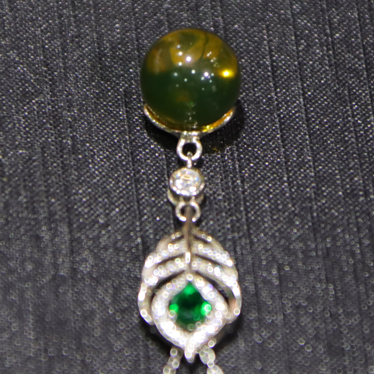925 Sterling Silver Pendant with Natural Mexico Blue Amber Gemstone and Zircon Green Gemstone Feather Clasp