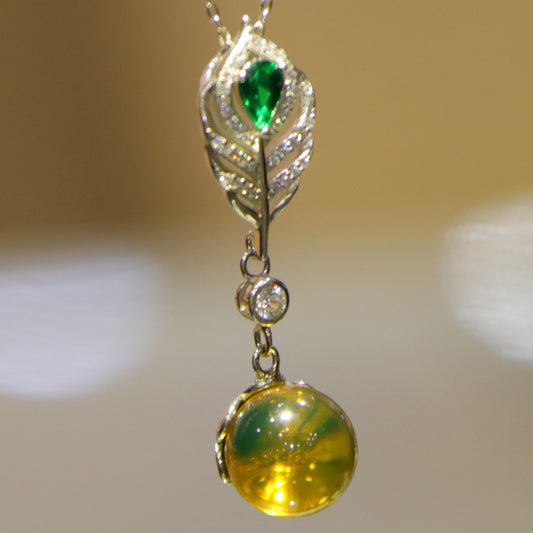 925 Sterling Silver Pendant with Natural Mexico Blue Amber Gemstone and Zircon Green Gemstone Feather Clasp