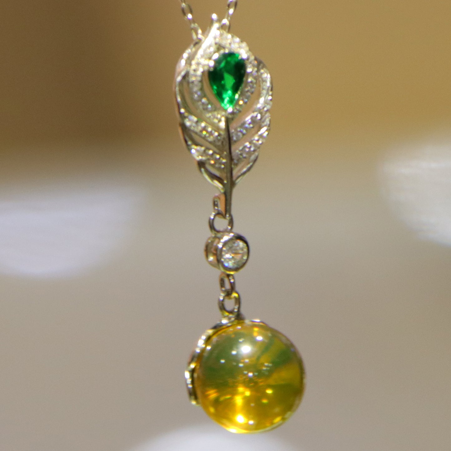 925 Sterling Silver Pendant with Natural Mexico Blue Amber Gemstone and Zircon Green Gemstone Feather Clasp